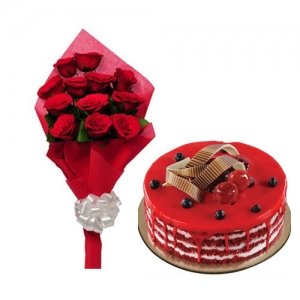 Red Velvet Cake & 10 Red Rose